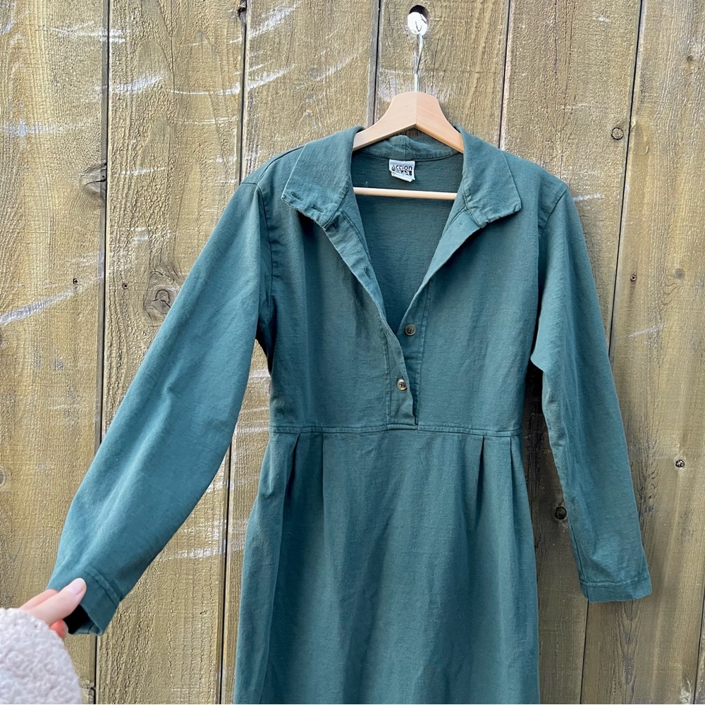Vintage Dusty Teal Cotton Long-sleeve Shirt Dress 🌿 - Picture 3 of 10